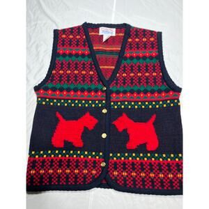 Tally Ho Scottie Dog Sweater Vest Women’s L Holiday Christmas Knit Black Red Vtg